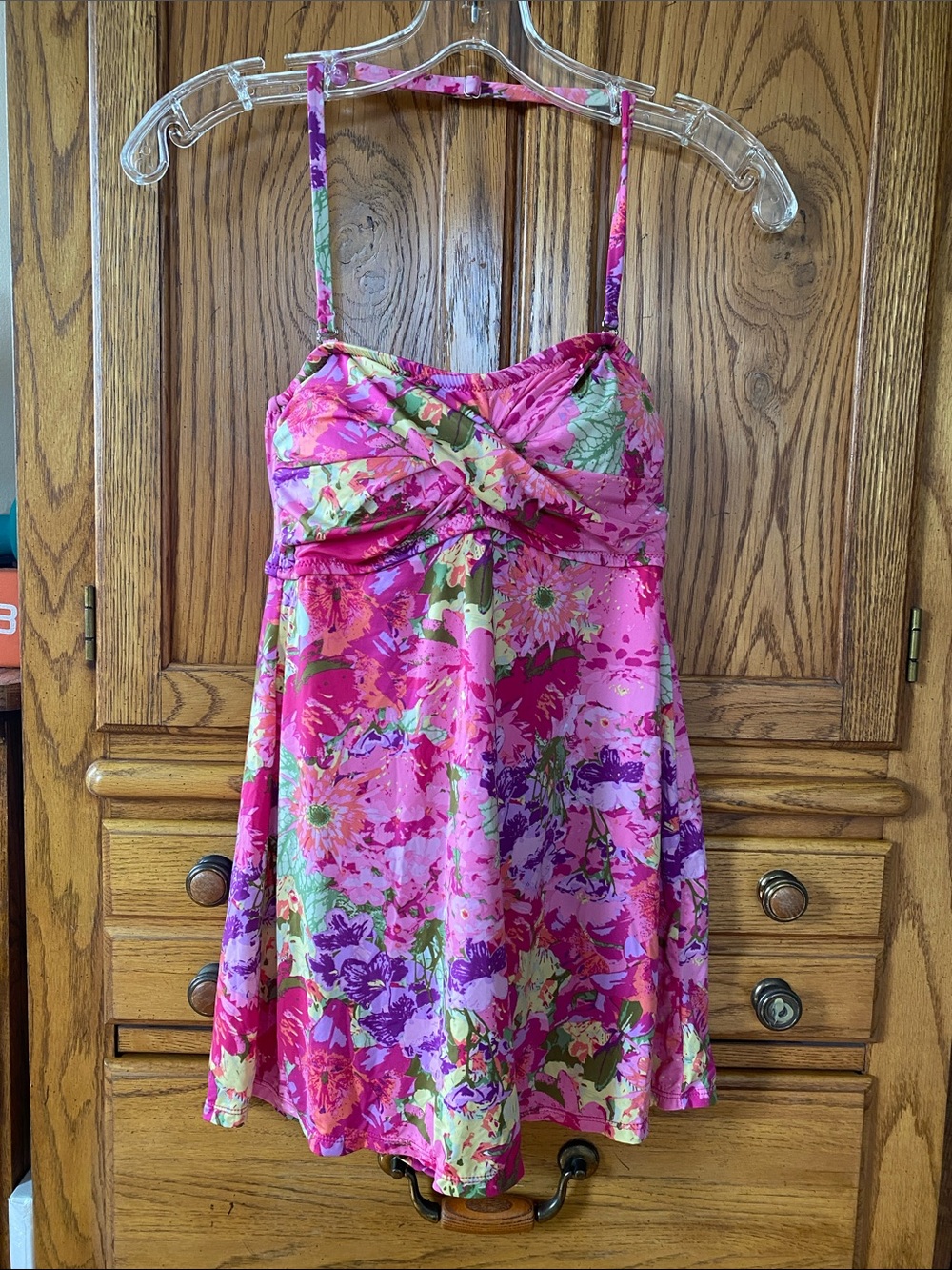 Garnet Hill Retro Halter Pink Floral Twist-Bust One-Piece Swim Dress